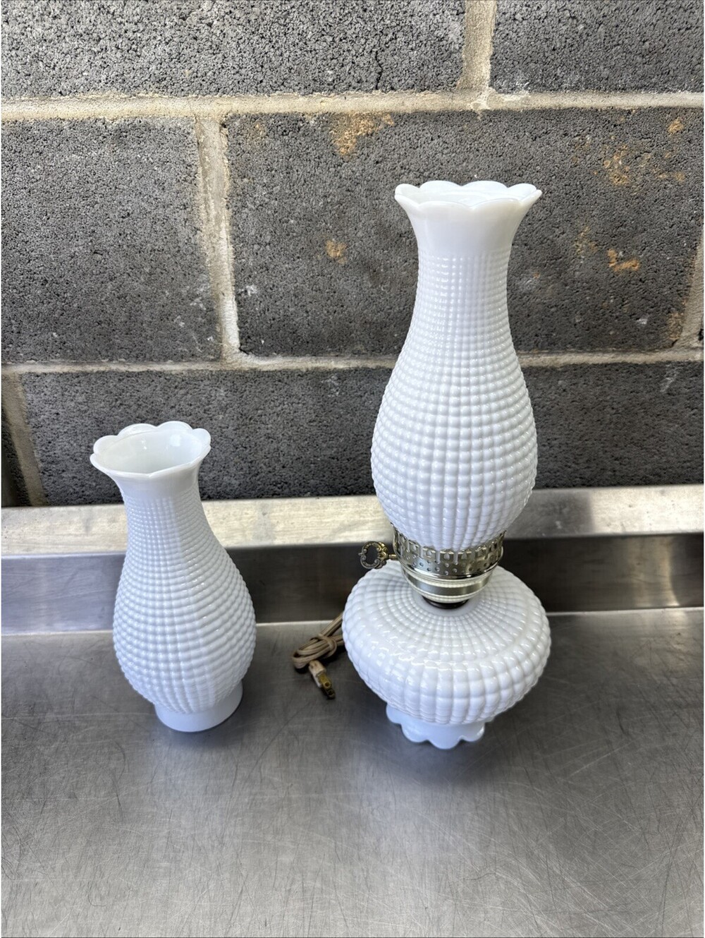 VTG White Milk Glass Hurricane Lamp Hobnail 17”